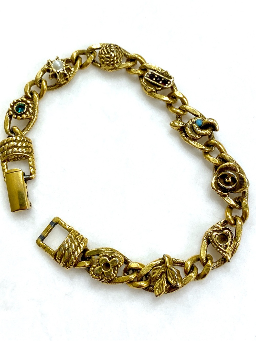 Vintage Gold Tone Floral Link Bracelet with Turquoise Accent - Women Jewelry